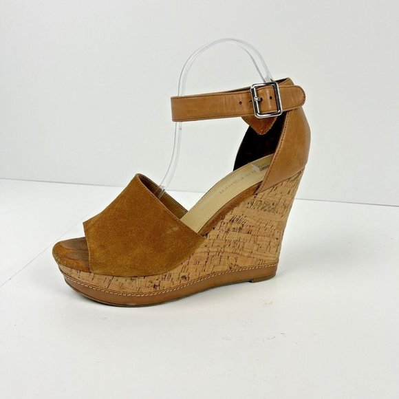 Marc Fisher Women's HILLORY‎ Suede Leather Cork Wedge Brown Sandals Size 8.5 - Picture 1 of 9